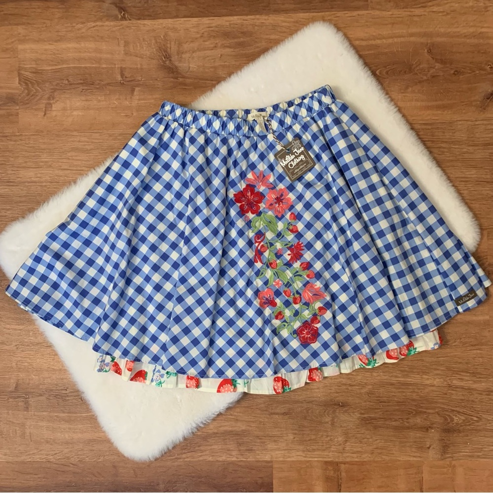 Matilda Jane NWT Dutch Apple Skirt Sz Small Blue White Gingham Check Embroidery